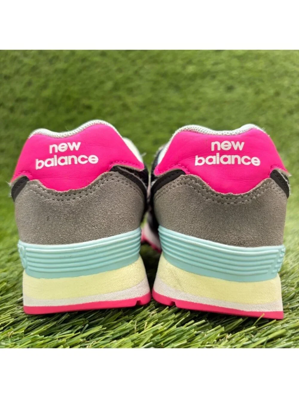New Balance 574 Girls Size 11C Black Pink Blue Athletic Running Shoes Sneakers